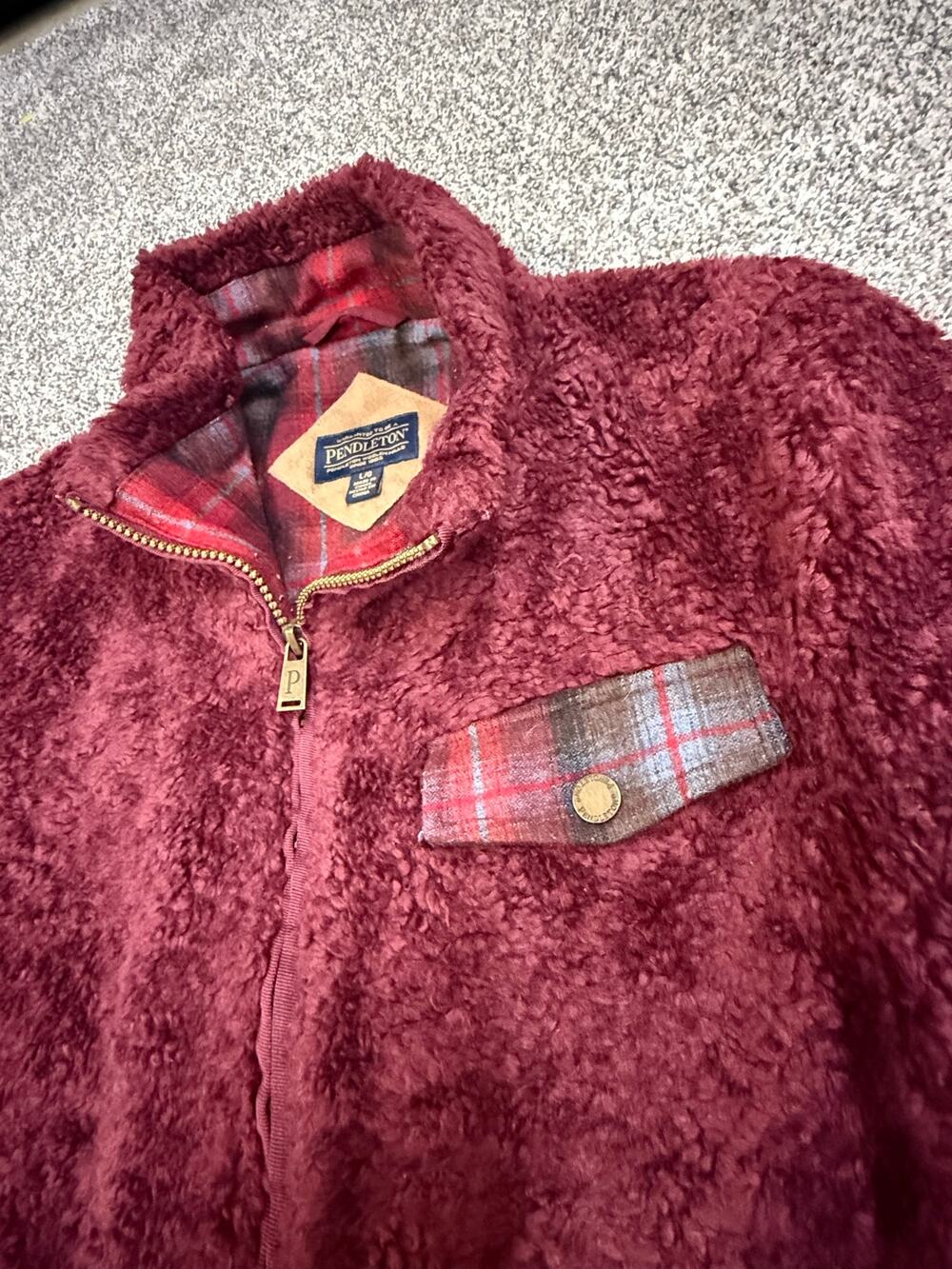 Pendleton Women’s Sherpa Fleece Jacket Large Burgundy Plaid Wool Trim